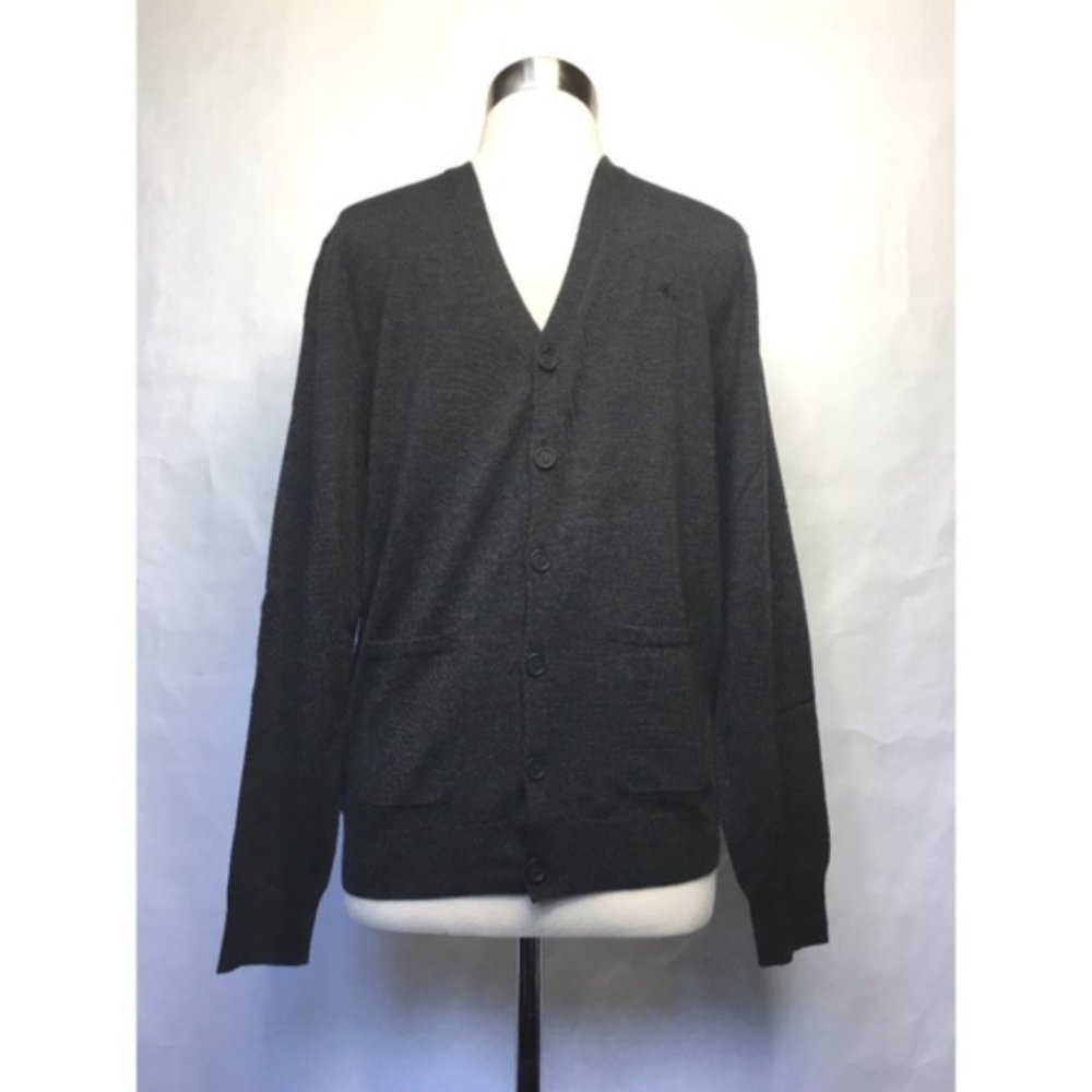 Burberry Mens Charcoal Merino Wool Cardigan With Lamb Suede Elbow Patches - Picture 2 of 7